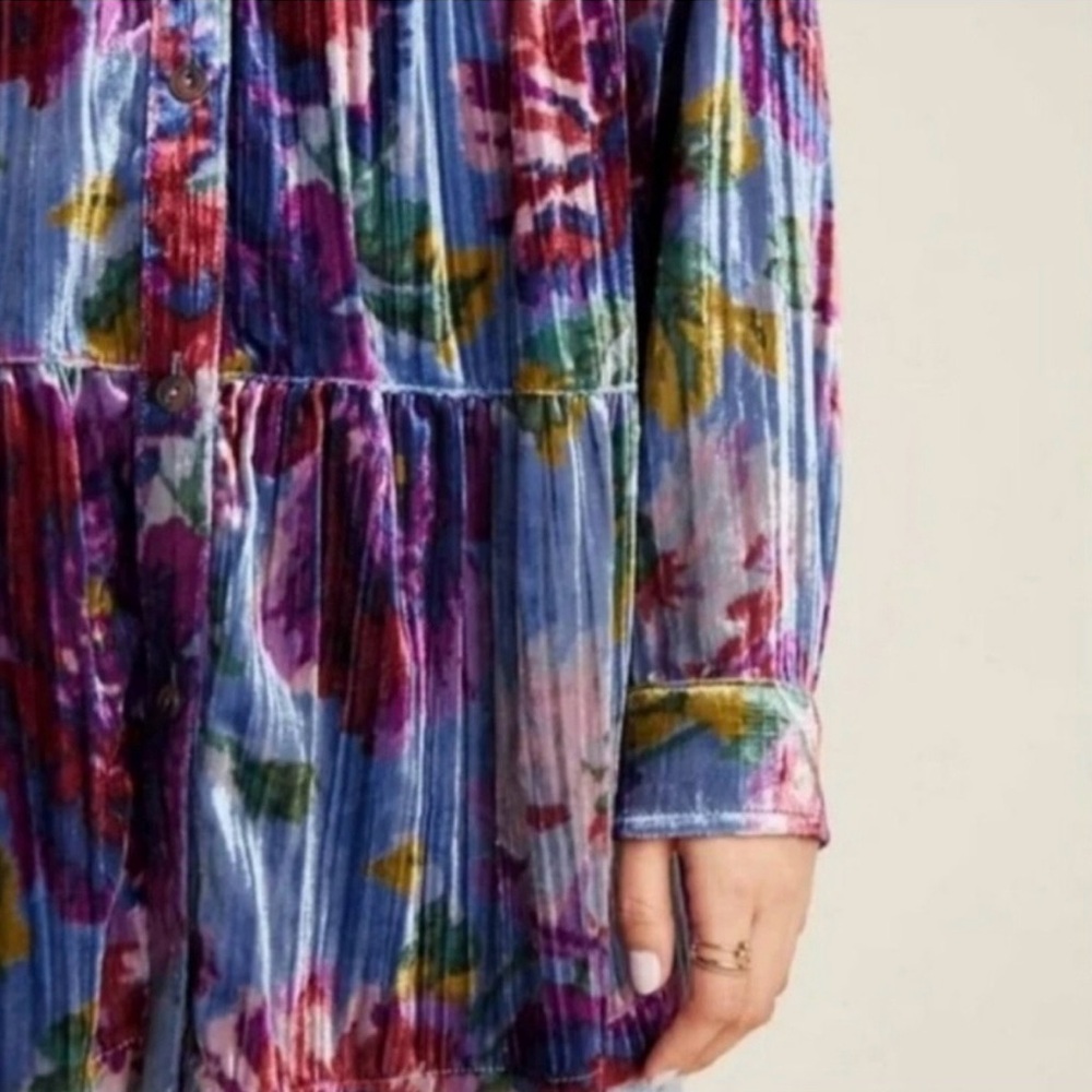 Anthropologie Blue Multi Floral Velvet Tiered Button-Up Tunic NWT - Picture 4 of 10